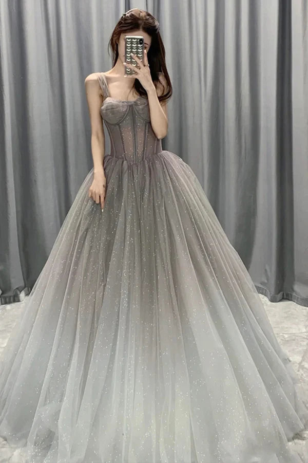 Gray Gradient Tulle Long Prom Dress A-Line Evening Party Dress
